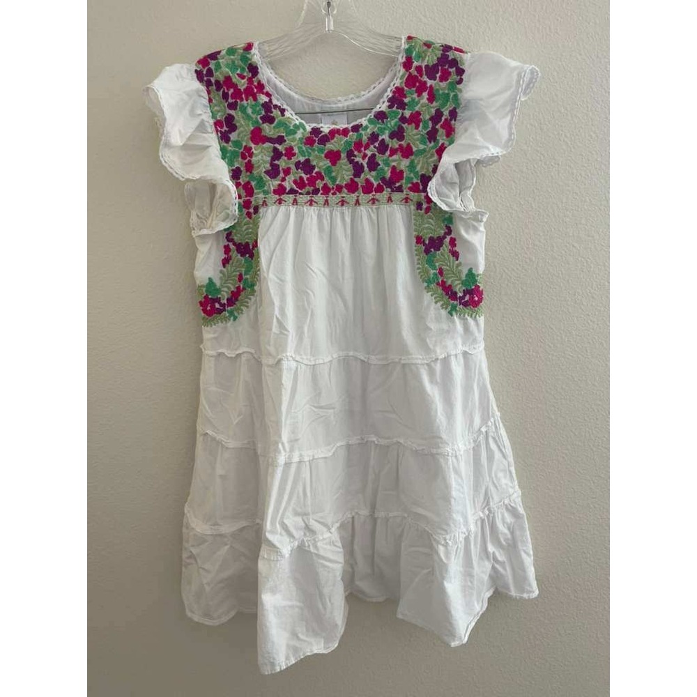 J. Marie White Floral Embroidered Tiered Ruffle Mini Dress JM2284 Small